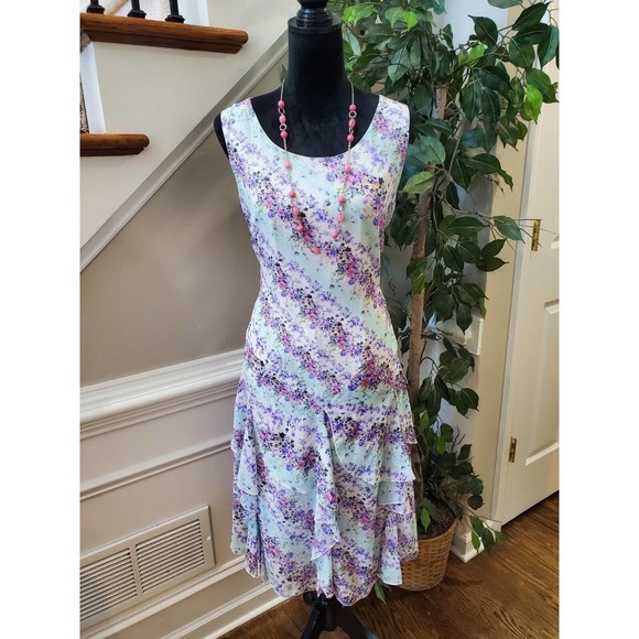 Nina Leonard Womens Multicolor Floral Round Neck Sleeveless Knee Length Dress 12 - Picture 12 of 12